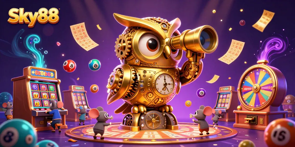 Sky88 features a golden owl overseeing dynamic gaming excitement amidst colorful elements and players.