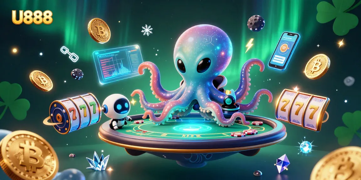 Experience thrilling gambling at U888 with a vibrant 3D scene of an alien octopus and robot at a holographic poker table.