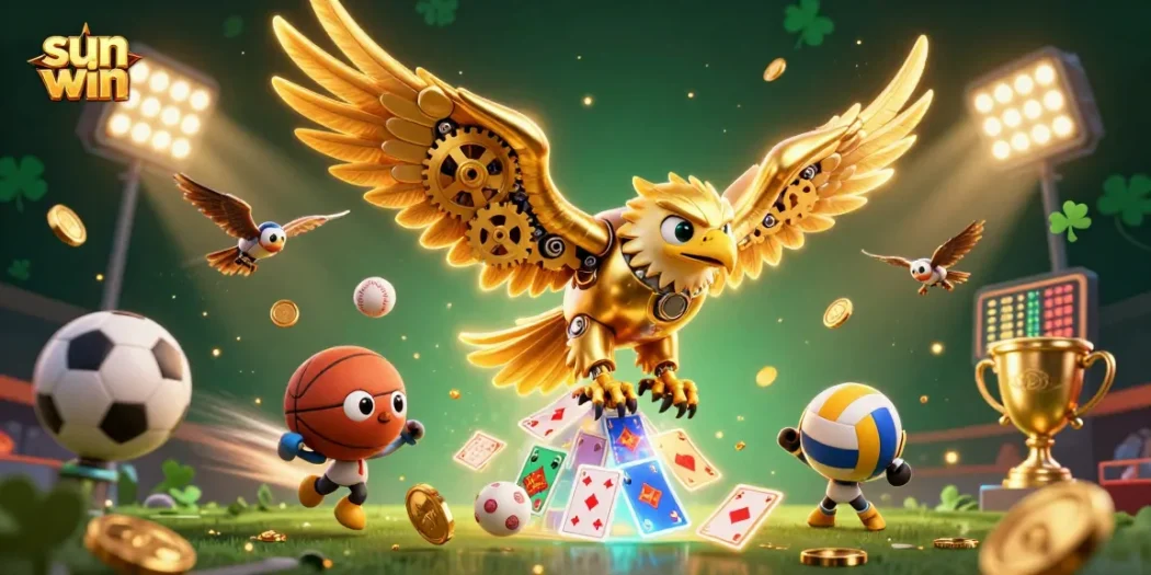 Experience thrilling gaming action with sun win, featuring a golden eagle and dynamic sports elements.
