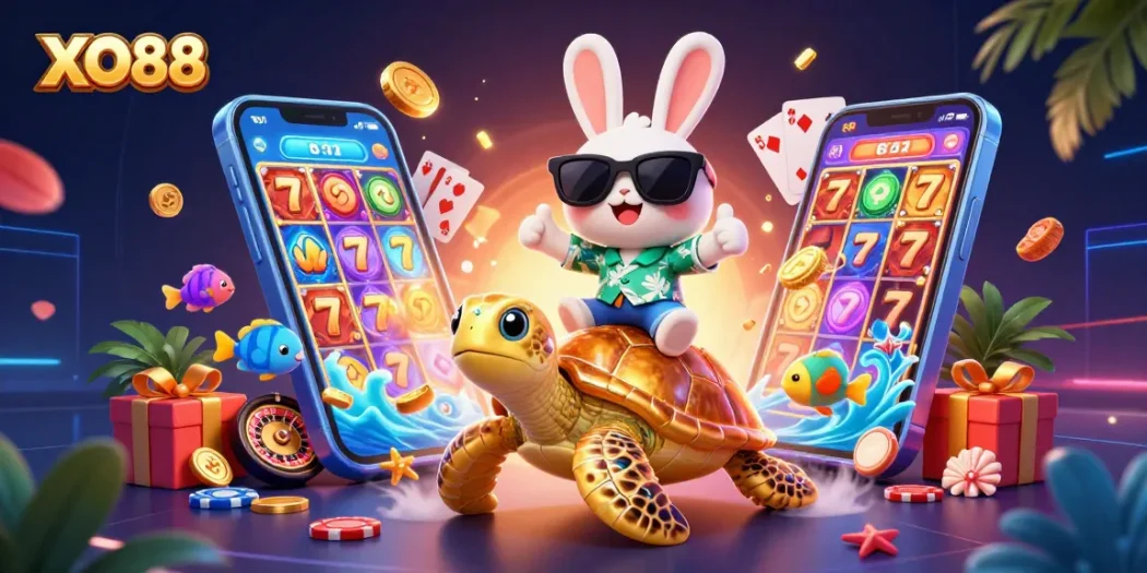 Experience the thrill of XO88 with a lucky rabbit and a golden turtle in this vibrant casino scene.