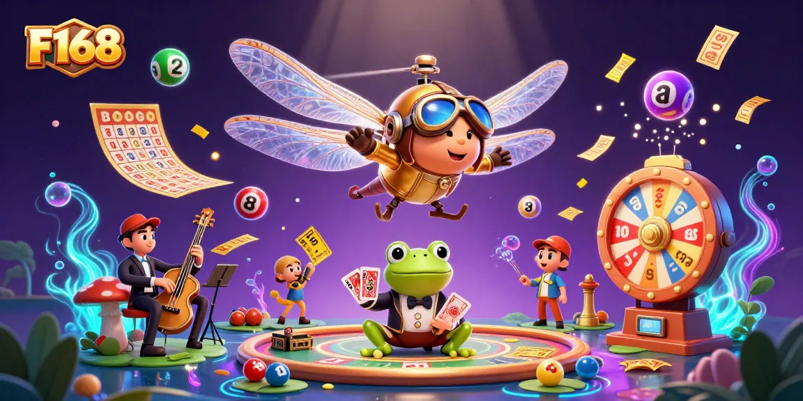 Engage with F168's vibrant casino scene featuring a dragonfly pilot and frog croupier in action.