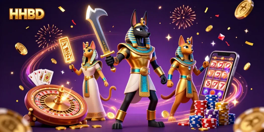 Spin the 3D roulette with HHBD as Anubis wields his sword amidst casino excitement.