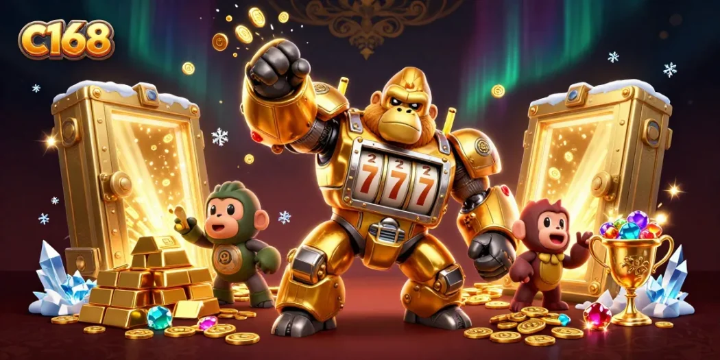 Spin to win with c168's golden gorilla mech, surrounded by treasures and jackpots!