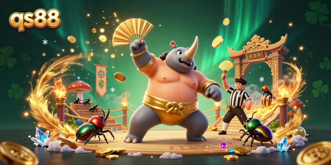 Experience thrilling gameplay at qs88 with dynamic scenes featuring a rhinoceros beetle sumo champ.