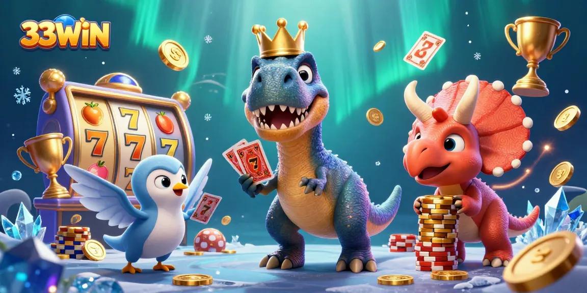 Experience the thrill at 33WIN with a vibrant 3D casino scene featuring playful dinosaurs.