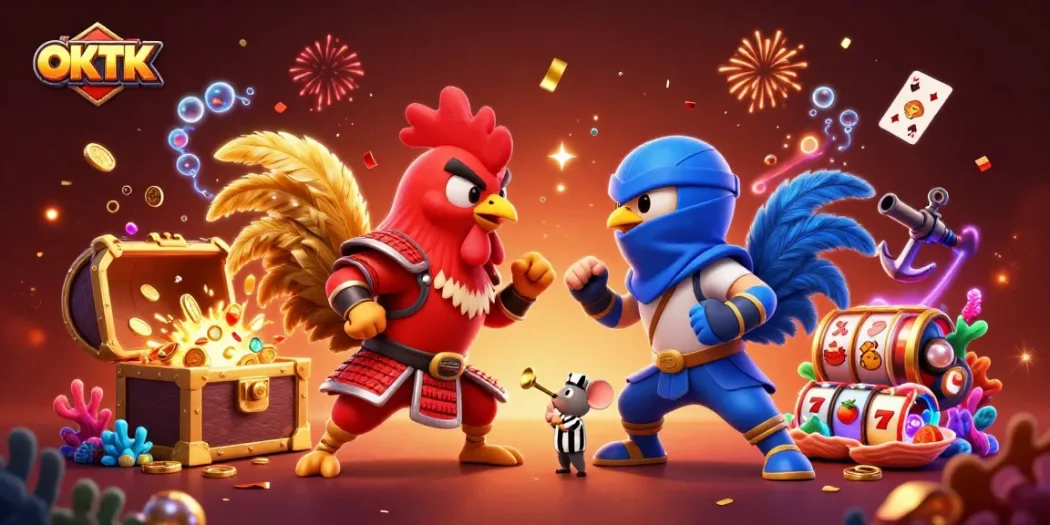 OKTK showcases a vibrant scene with fighting roosters in a casino-themed showdown.