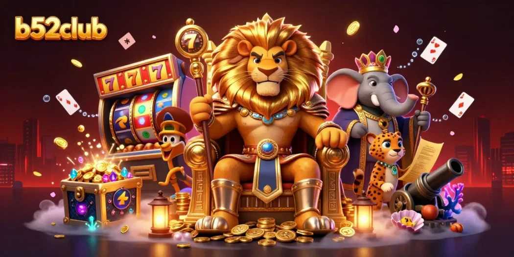 B52club delivers a thrilling gaming experience with playful elements of winning and fortune, featuring the lion king and dynamic game symbols.