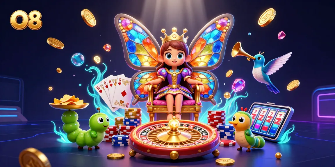 Engage in vibrant O8 casino gaming with a majestic butterfly queen amidst dazzling chips and cards.