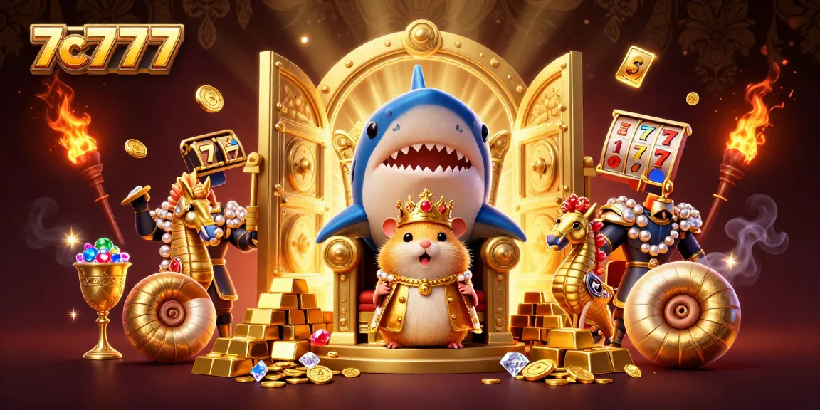 Engage with 7c7777 in this vibrant slot gaming scene featuring a golden hamster king and treasures galore.