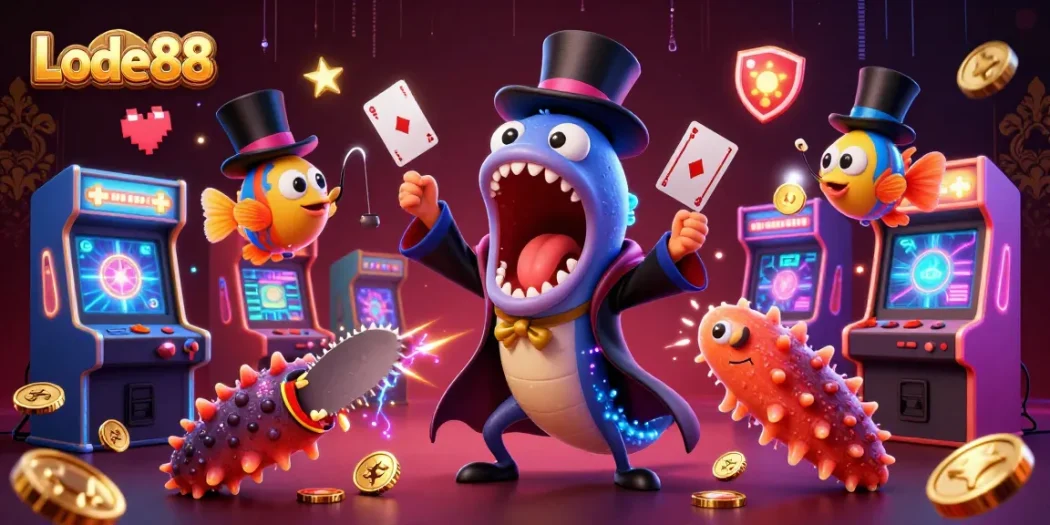 Lode88 showcases a dazzling casino-themed magic act with vibrant game elements.