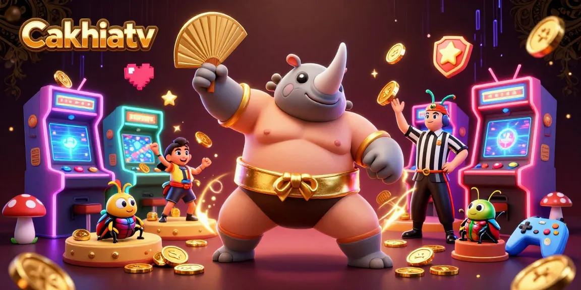 Cakhiatv showcases a dynamic scene with a rhinoceros beetle sumo champion celebrating wins with golden coins, ideal for sports betting enthusiasts.
