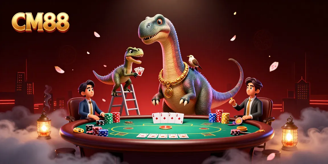 Play casino games with CM88 as a giant brontosaurus oversees an exciting poker game.