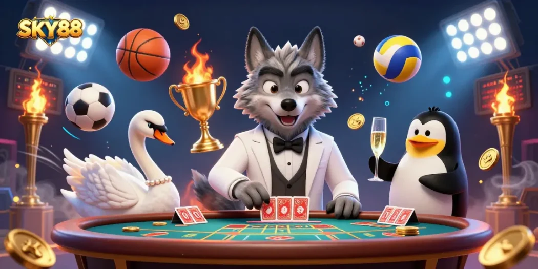 Experience thrilling gaming at SKY88 with vibrant characters and dynamic sports betting elements.