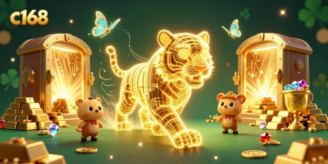 Experience the thrill of c168 with a vibrant digital casino landscape and an energetic golden tiger.