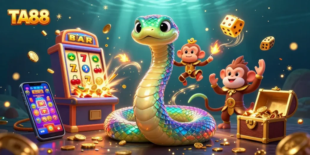 Play the dazzling TA88 slots with a vibrant 3D illustration of magical characters and casino elements.