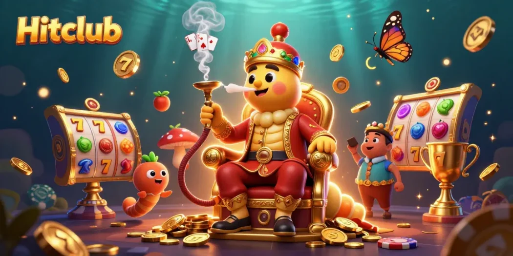 Hitclub showcases a dynamic scene with a caterpillar hookah-master in a Turkish outfit surrounded by slot reels and gaming elements.