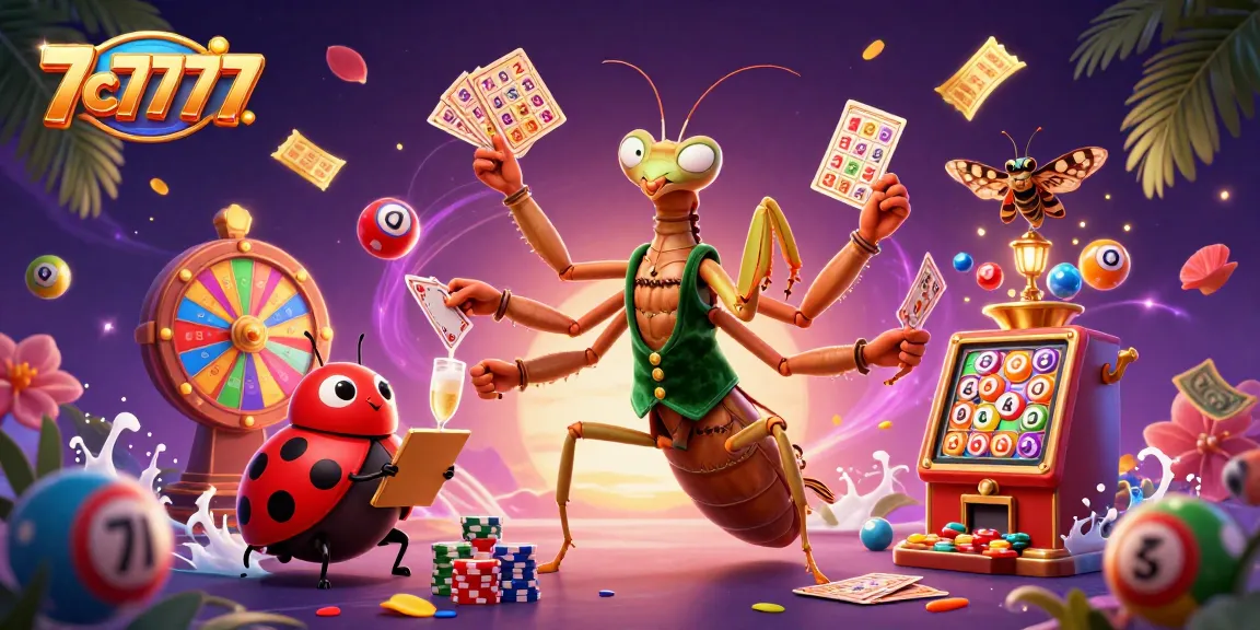 Engage with 7c7777's vibrant casino scene featuring a lively mantis card sharp and colorful lottery elements.