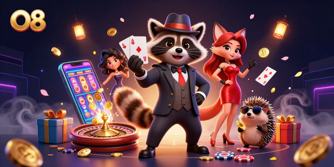 Experience O8's thrilling gameplay with a raccoon in a suit, fox lady, and hedgehog bouncer in an exciting casino scene.