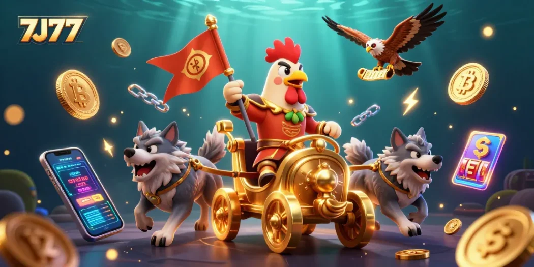 Spin to win with 7J77 as the rooster warlord leads a crypto-themed jackpot adventure.