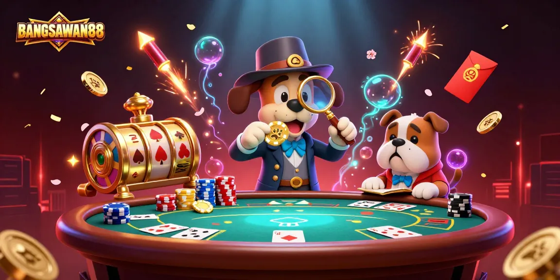 BANGSAWAN88 detective investigating poker clues with rich casino elements in a vibrant 3D scene.