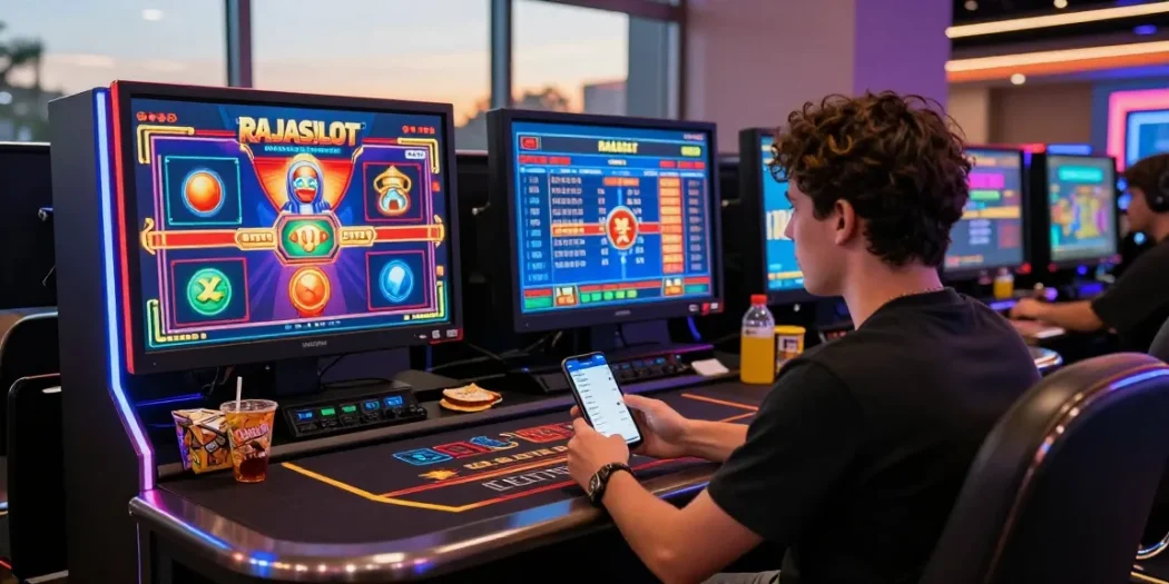Rajaslot 20: Pemain terlibat dalam permainan kasino online modern dengan grafik cerah dan suasana yang menarik.