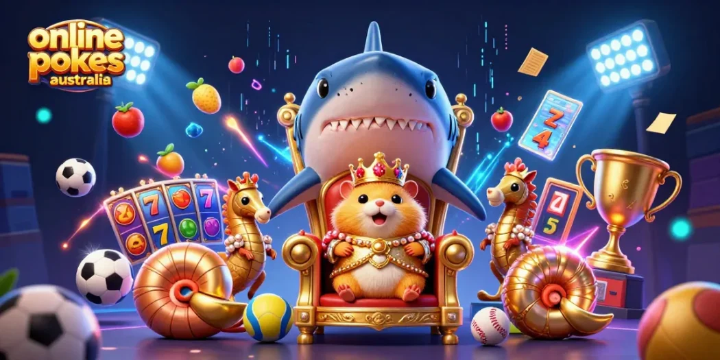 Experience online pokies australia with vibrant, dynamic 3D illustration of a golden hamster king and lucky symbols