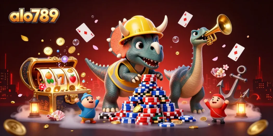 Join the excitement at alo789 with vibrant 3D casino characters celebrating wins around colorful slot reels.