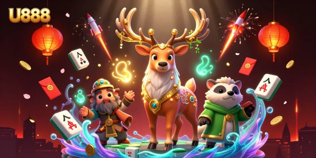 U888 attracts players with a vibrant casino scene featuring magical creatures and festive elements amidst thrilling gambling activities.