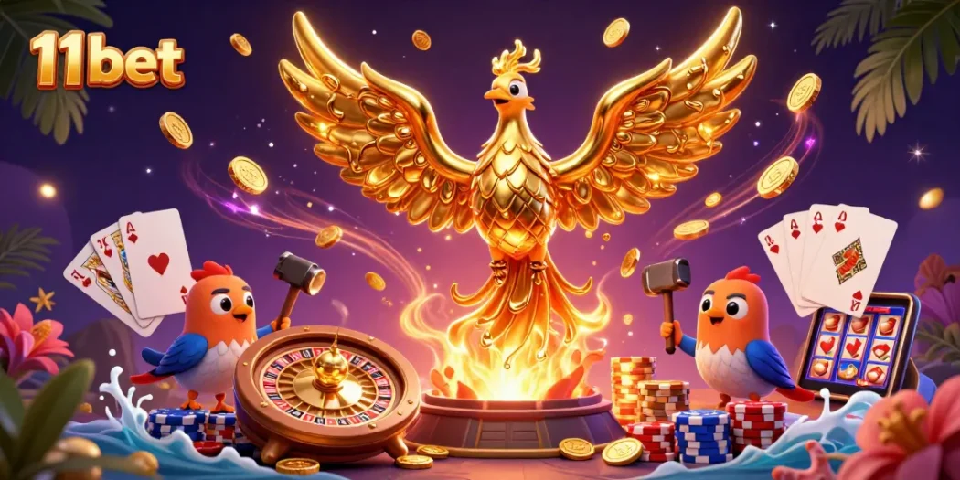 11 bet showcases a golden phoenix in a fiery casino environment, symbolizing winning potential.