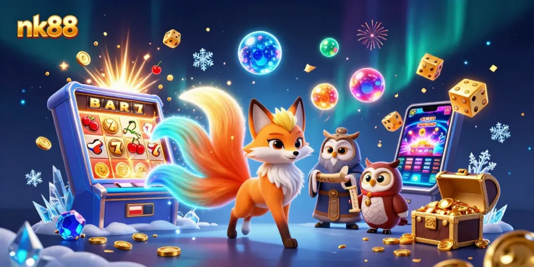 Experience thrilling wins at nk88 with colorful characters and casino excitement in a vibrant 3D illustration.