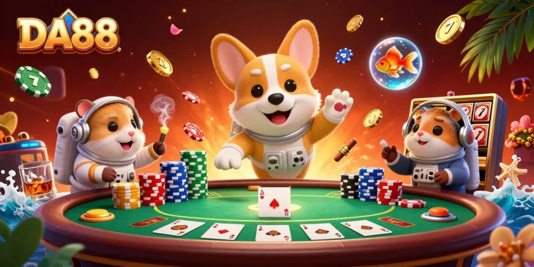 Explore the thrilling DA88 space casino with floating corgi astronaut and vibrant gaming elements.