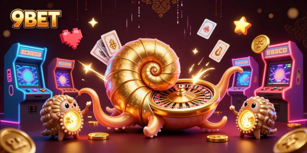 9BET casino illustration featuring a giant nautilus roulette wheel with glowing ammonites and vibrant arcade game elements.