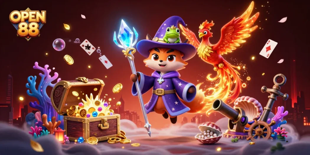 Experience the excitement of OPEN 88 with a vibrant illustration showcasing a mystical wizard fox and phoenix amidst dazzling treasures.