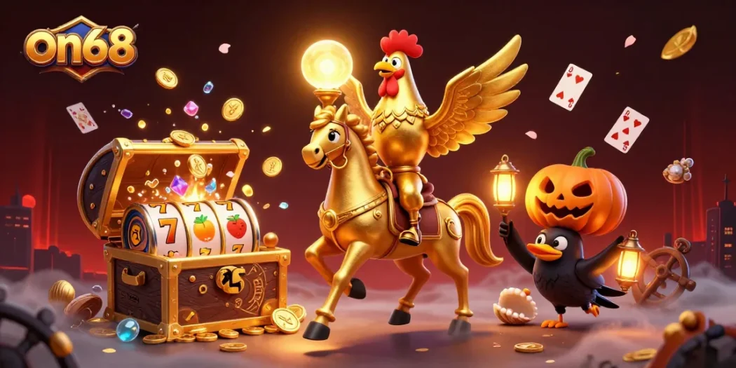 Experience on68's vibrant casino magic with a unique golden rooster and friends lighting up your gaming journey.