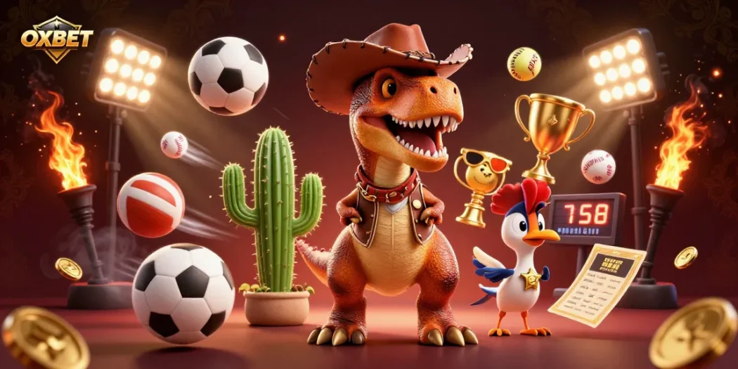 Join OXBET's thrilling world of betting with a dynamic scene featuring cartoon characters and exciting game elements.