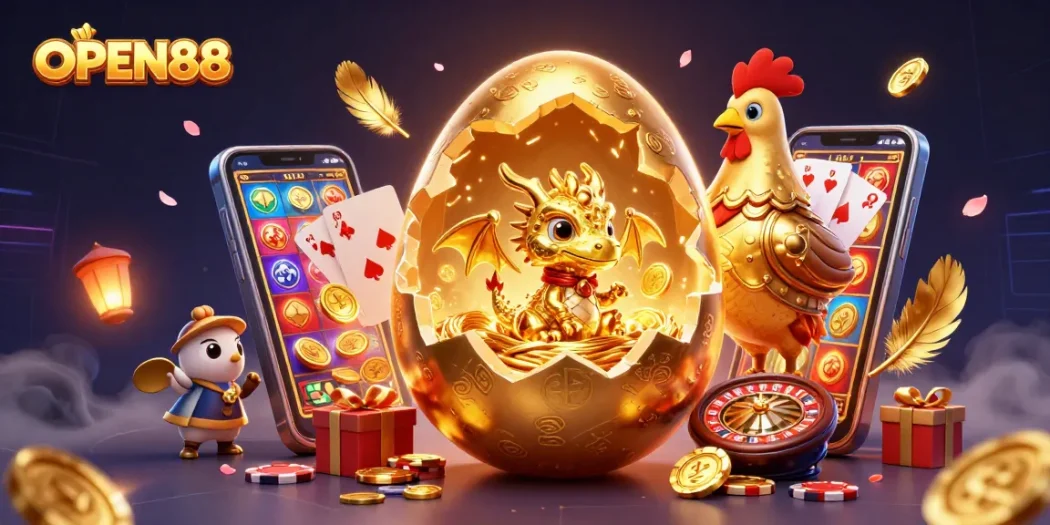 Engage in thrilling gaming at OPEN88, featuring a golden dragon and vibrant casino elements.