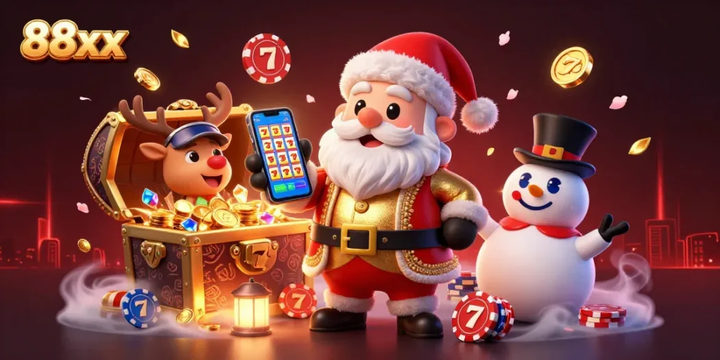 Win big at 88xx with a festive 3D casino scene featuring Santa and friends celebrating jackpots
