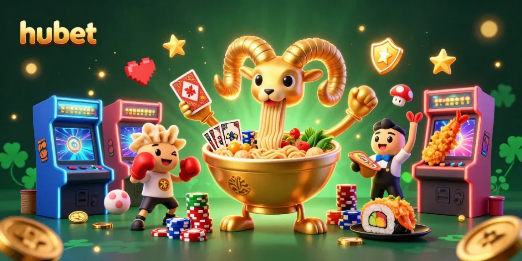 Experience the excitement at hubet with a vibrant casino scene featuring a golden ramen bowl dealer.