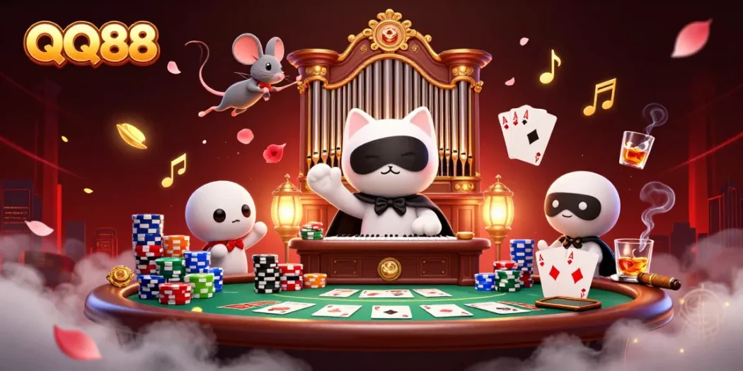 Experience the excitement of QQ88 with a vibrant 3D casino illustration showcasing a lively scene of gaming characters.