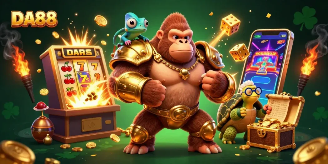 DA88 engages players with golden jackpots and vibrant casino games in a dynamic 3D scene.