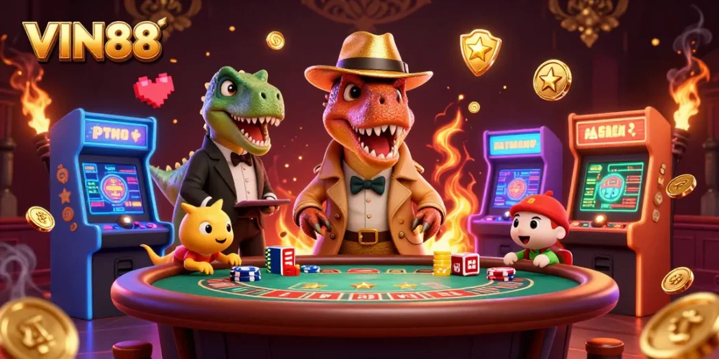 Experience the thrilling action at VIN88 casino with a cartoon velociraptor and dynamic game elements.