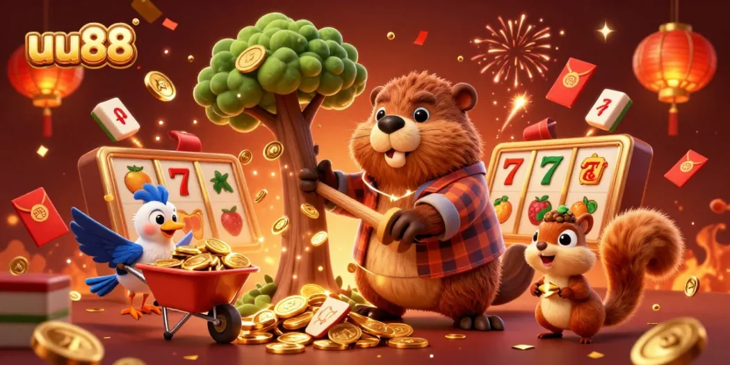 Play the slots at uu88 with a lively 3D cartoon scene featuring fortune symbols and joyful characters.