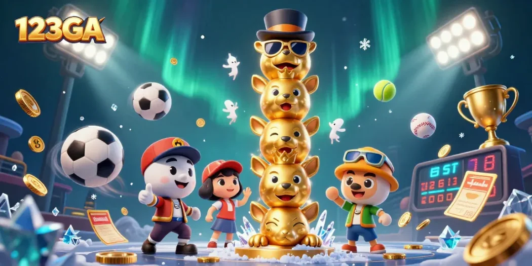 Join the excitement with 123GA's vibrant casino-themed scene featuring lively characters and dynamic sports elements.