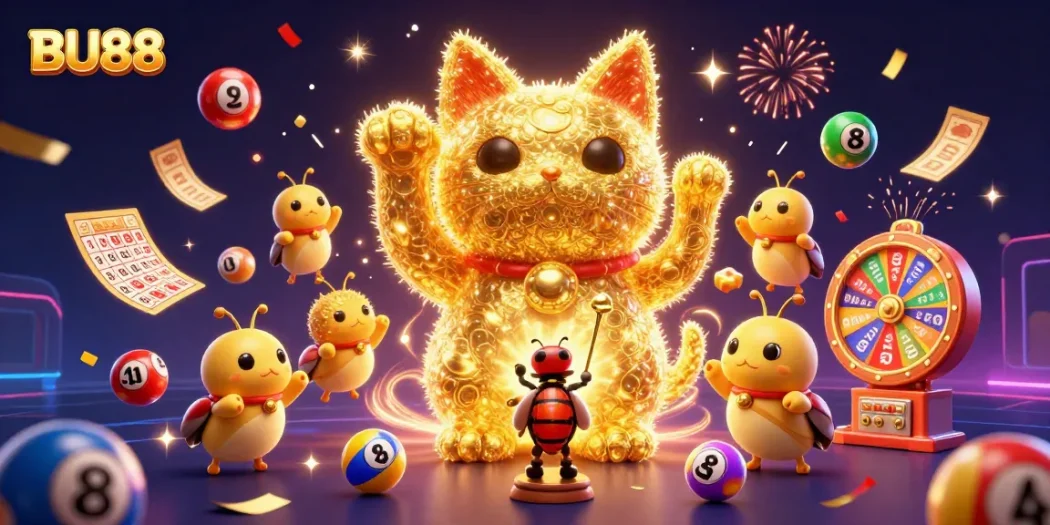 Engage with BU88's vibrant lottery universe featuring a lucky cat made of fireflies.