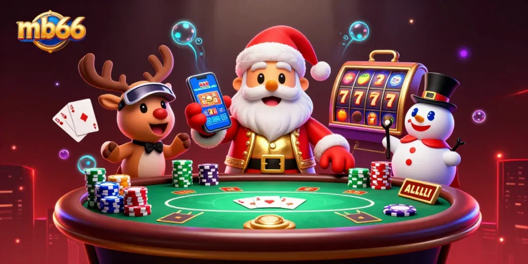 Spin the reels at mb66 in this vibrant casino scene featuring Santa and friends!